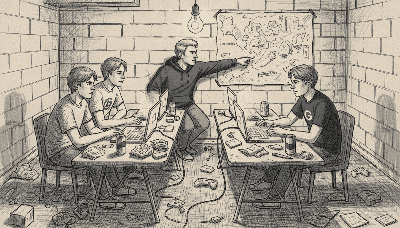 Gamers playing multiplayer together in basement