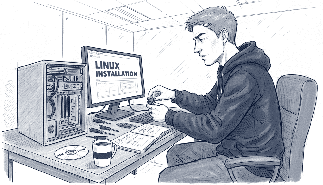 Technician installing operating system on server