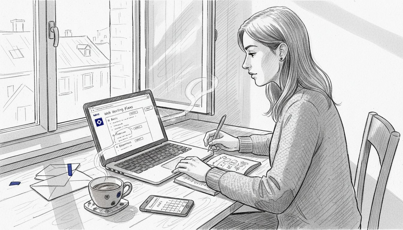 Small business owner reviews hosting plans at table