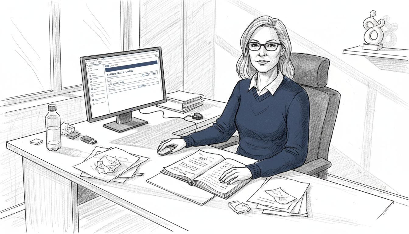 IT manager checks VPS dashboard in office