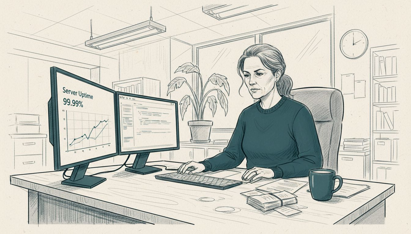 Woman monitoring server uptime on office computer