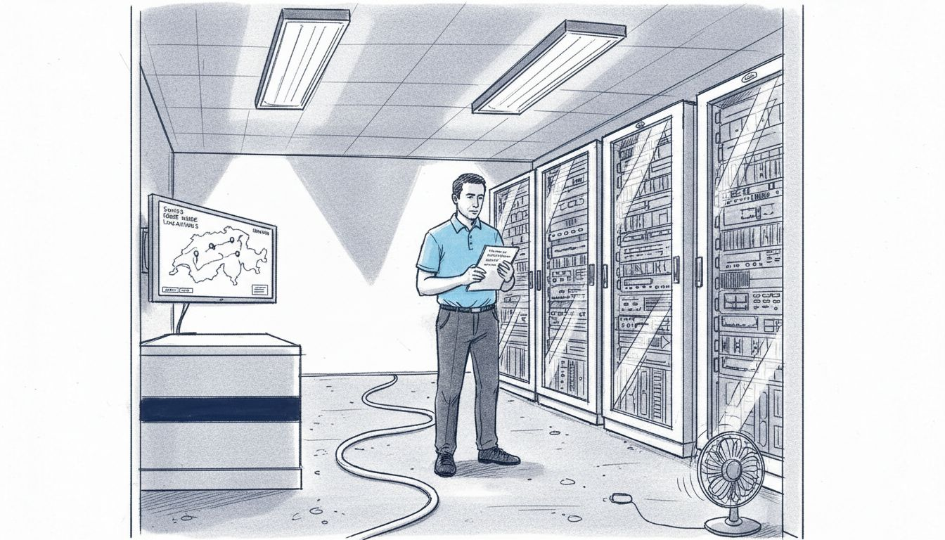 Technician checking network rack Basel server room