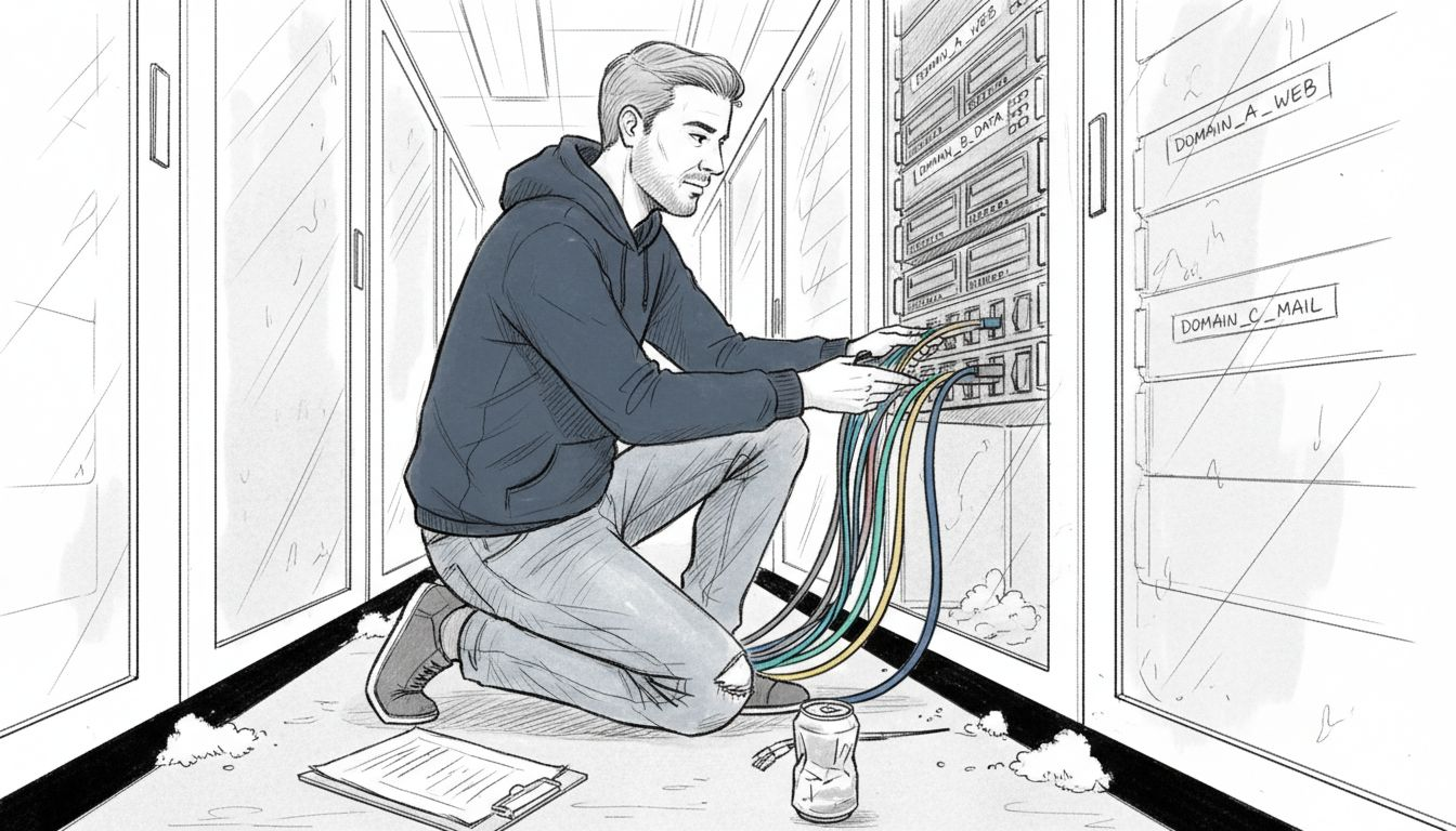 IT technician configuring multi-site server rack