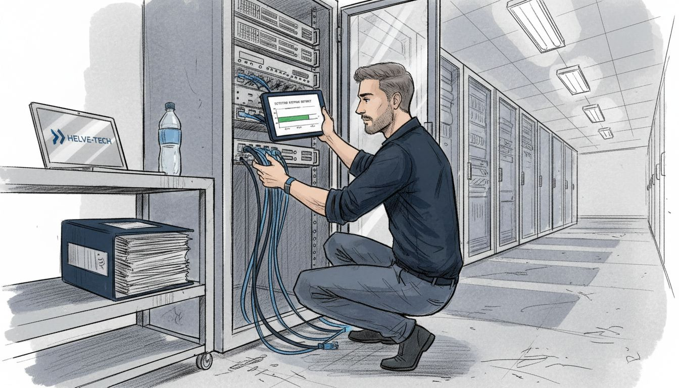 Tech working in Swiss server room on uptime