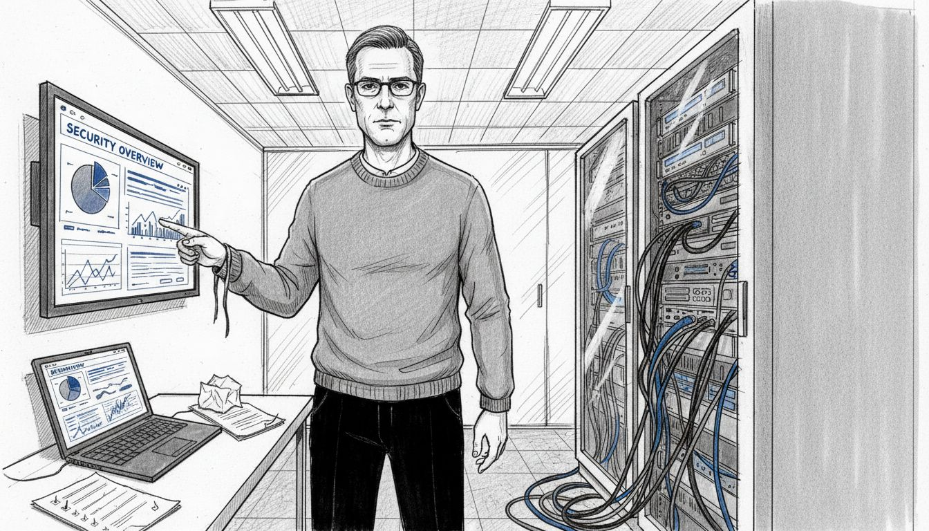 IT manager reviews web server security dashboard