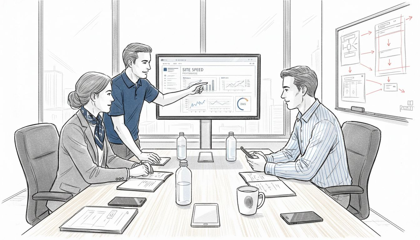 Team checking website speed performance monitor