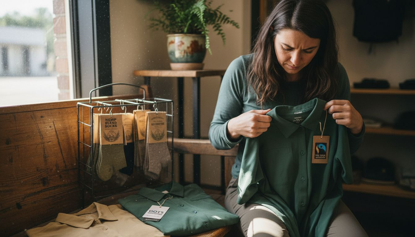 Person examines sustainable clothing certification tags