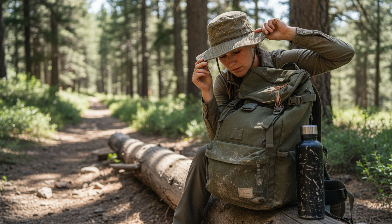 Woman wearing reinforced hat on mountain trail