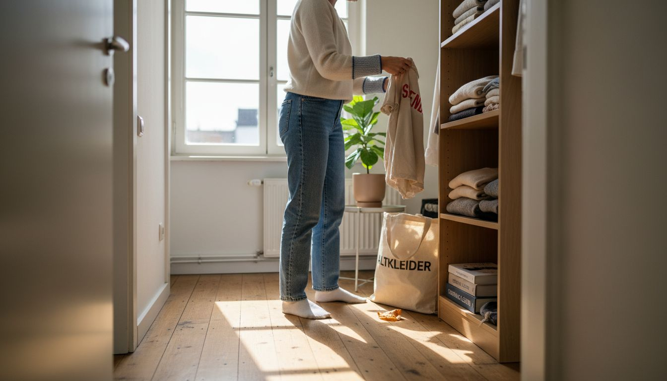 In ihrer hellen Wohnung sortiert eine Frau ihre nachhaltige Kleidung und achtet dabei auf Ordnung und Umweltbewusstsein.