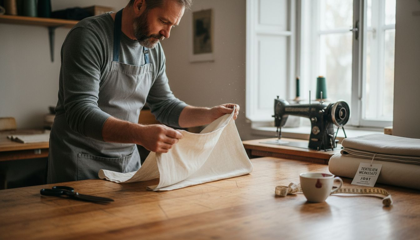 Im Atelier begutachtet ein Handwerker umweltfreundliche Materialien auf ihre Qualität.