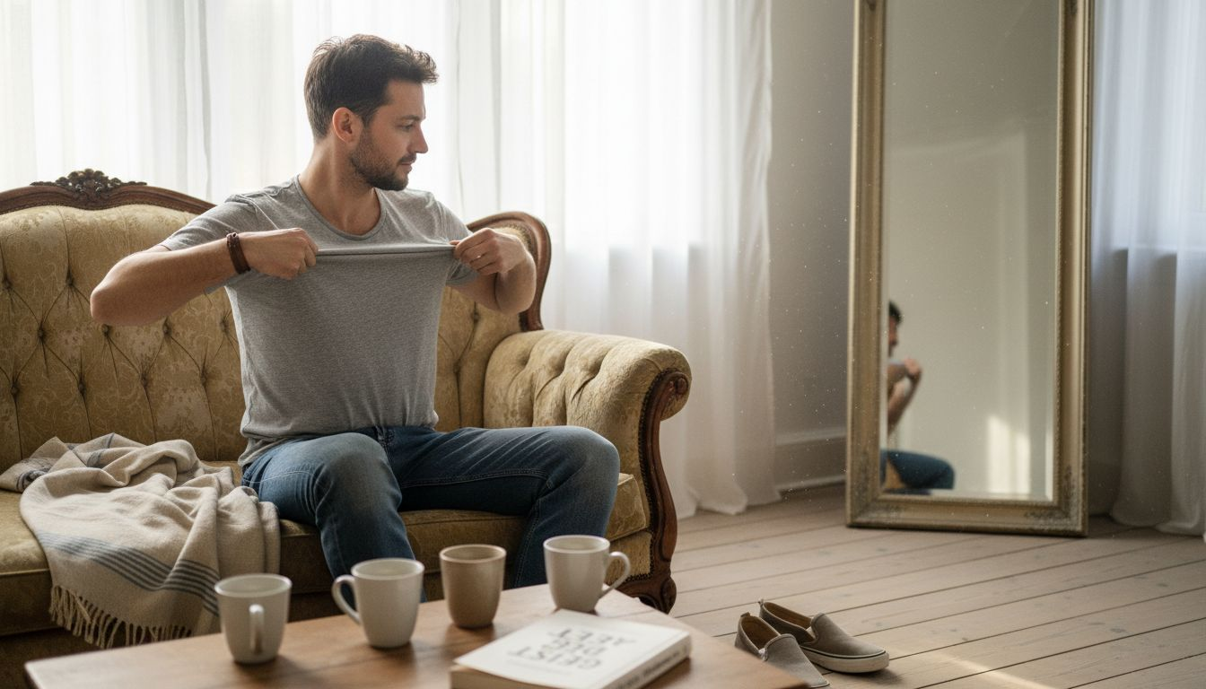 Ein Mann probiert innovative, nachhaltige Stoffe in den eigenen vier Wänden aus.