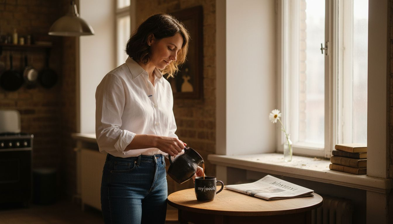 Eine elegant gekleidete Frau genießt ihren Morgenkaffee.