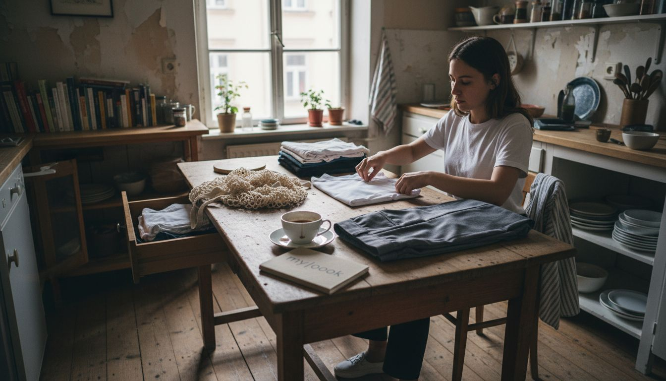 Wenn sich schlichte Garderoben-Essentials auf dem Küchentisch zusammenfinden