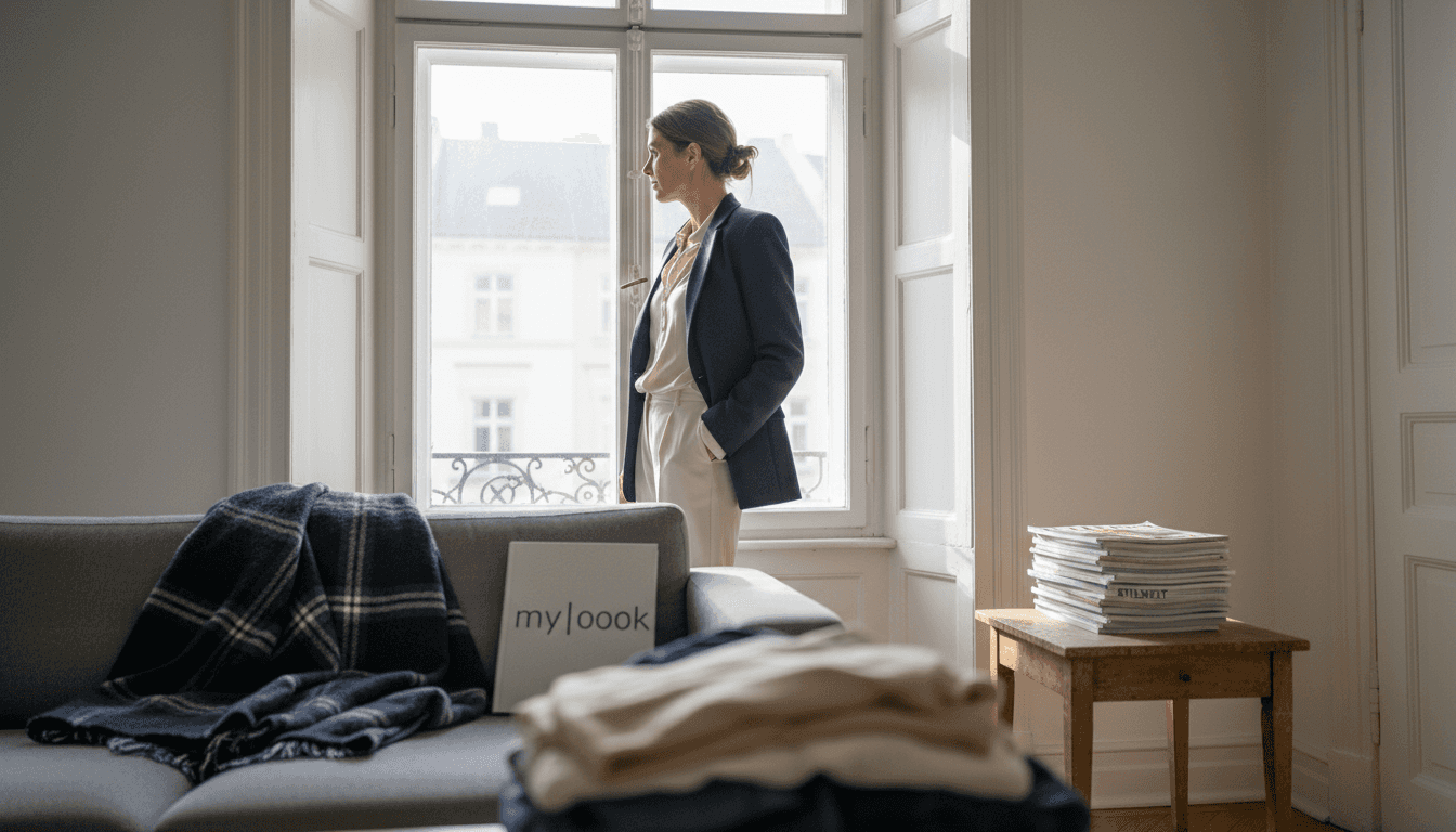 Eine elegant gekleidete Frau genießt einen entspannten Moment in ihrem stilvoll eingerichteten Wohnzimmer.
