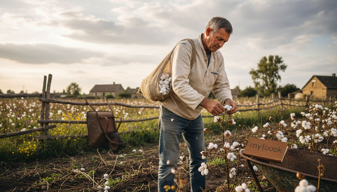 Ein Landwirt pflückt auf dem Feld Bio-Baumwolle von Hand.