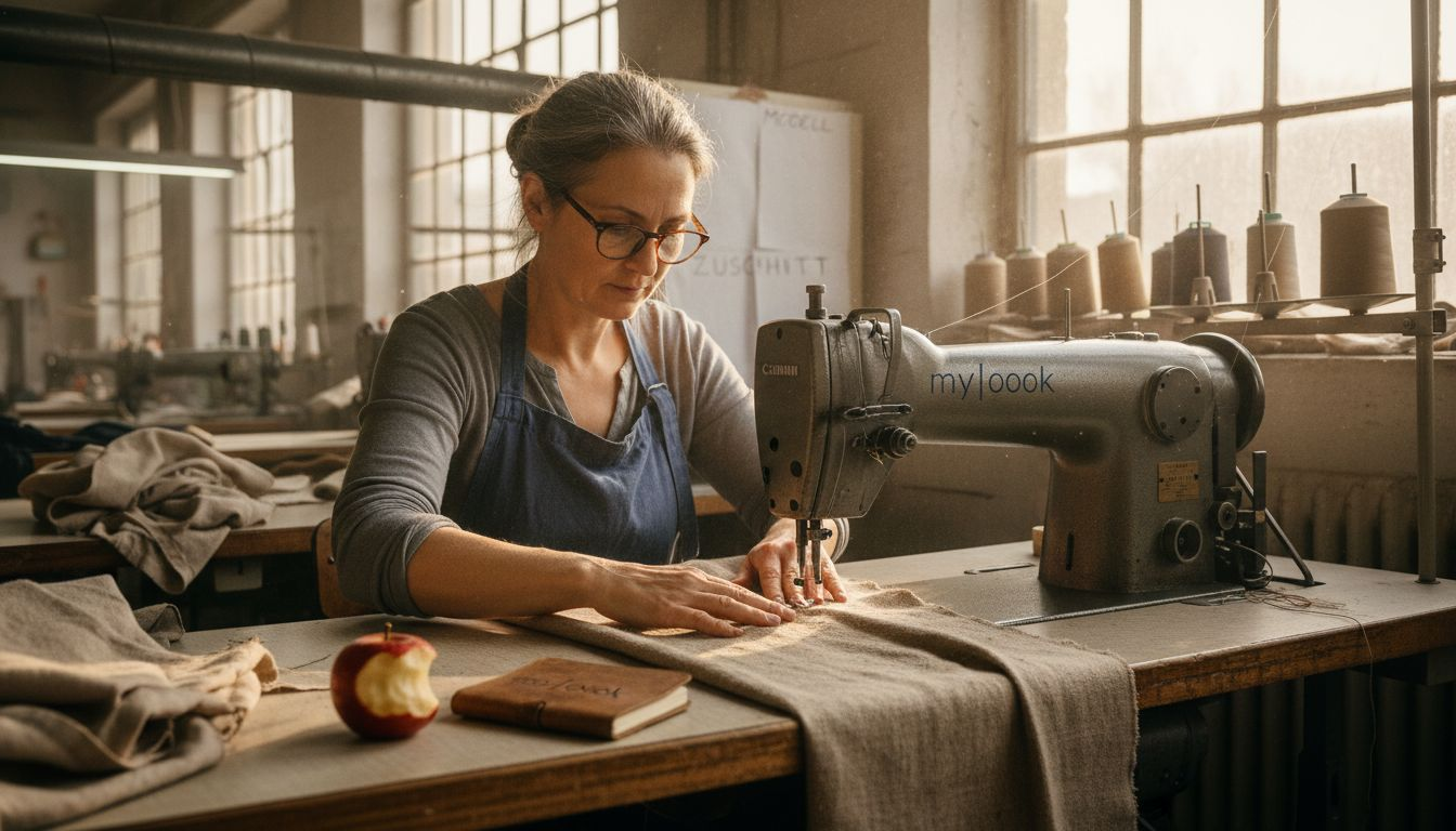 Eine Schneiderin näht aus nachhaltigen Stoffen individuelle Kleidungsstücke.