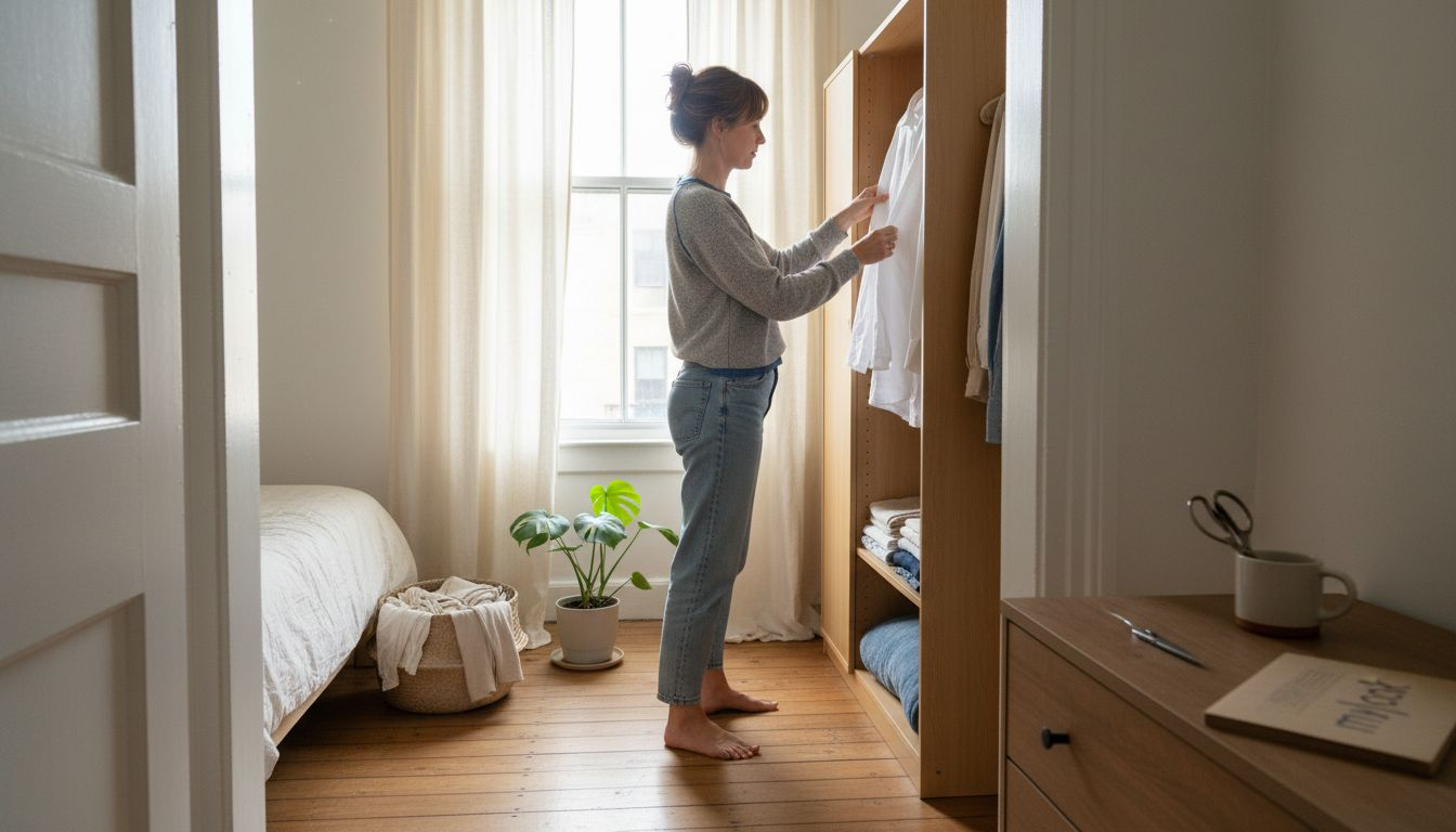 Eine Frau steht in ihrem Schlafzimmer vor dem Kleiderschrank und entscheidet sich bewusst für nachhaltige Mode.