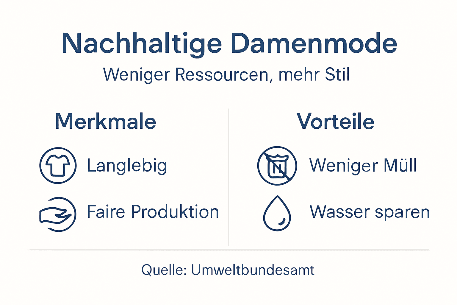 Infografik: Was zeichnet nachhaltige Damenmode aus – Eigenschaften und Vorteile auf einen Blick