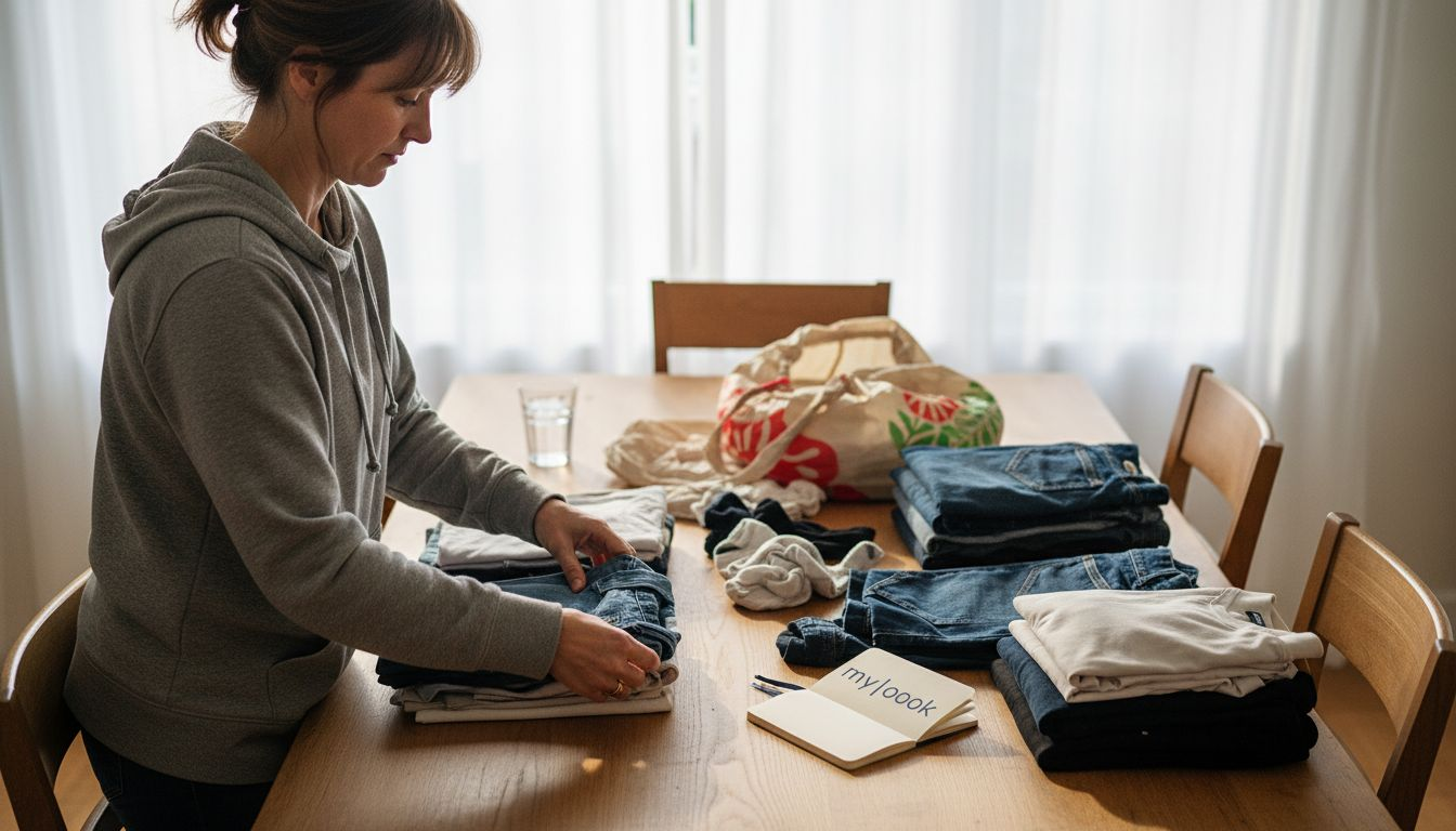Eine Frau sortiert nachhaltige Kleidung auf einem Tisch und achtet dabei auf Qualität und Umweltfreundlichkeit.