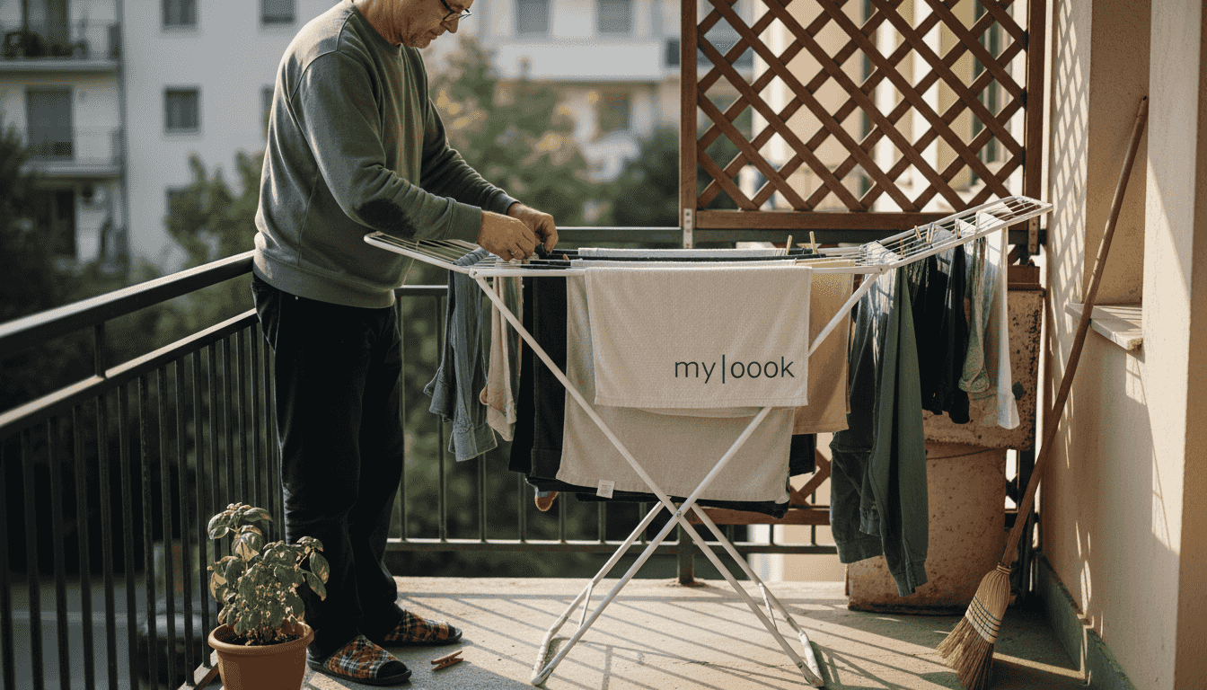 Ein Mann hängt umweltfreundliche Kleidung zum Trocknen auf seinem Balkon auf.