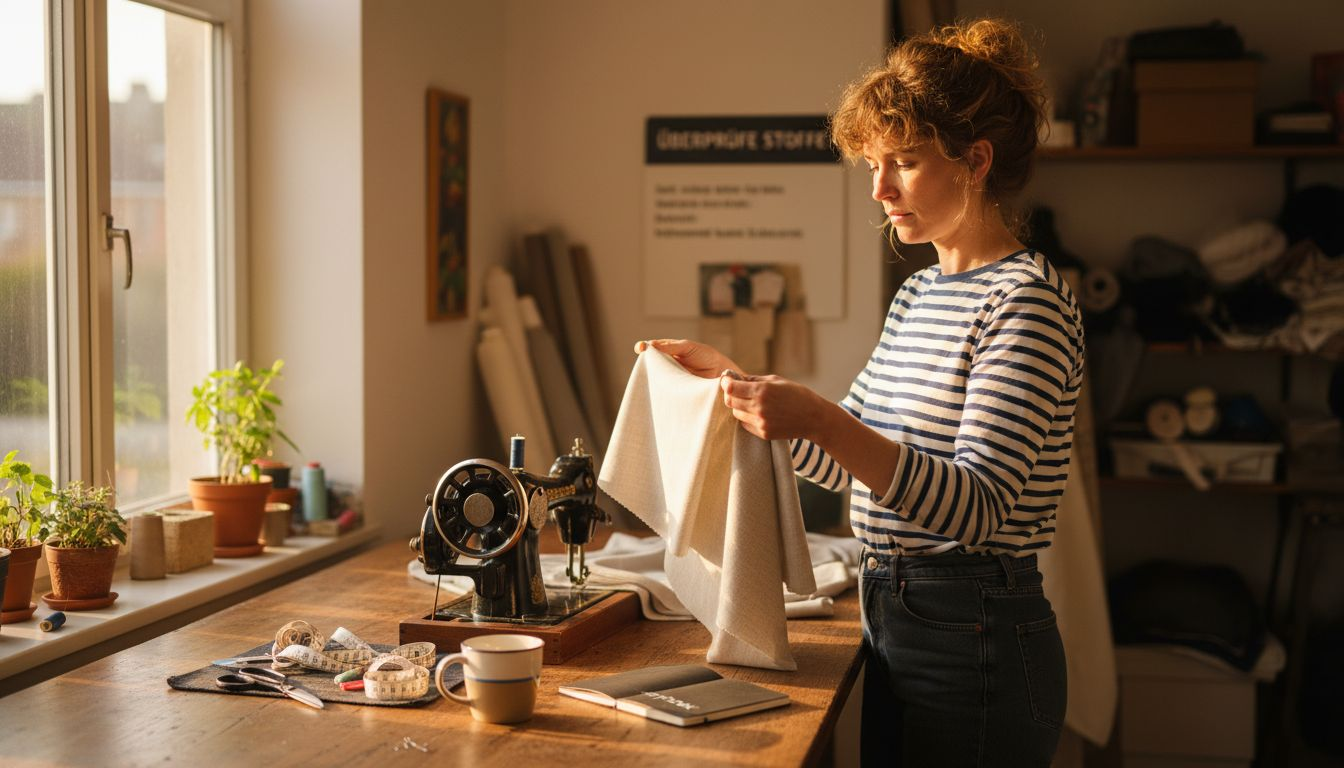 Eine Frau sucht am Arbeitstisch nach einem nachhaltigen Stoff aus.