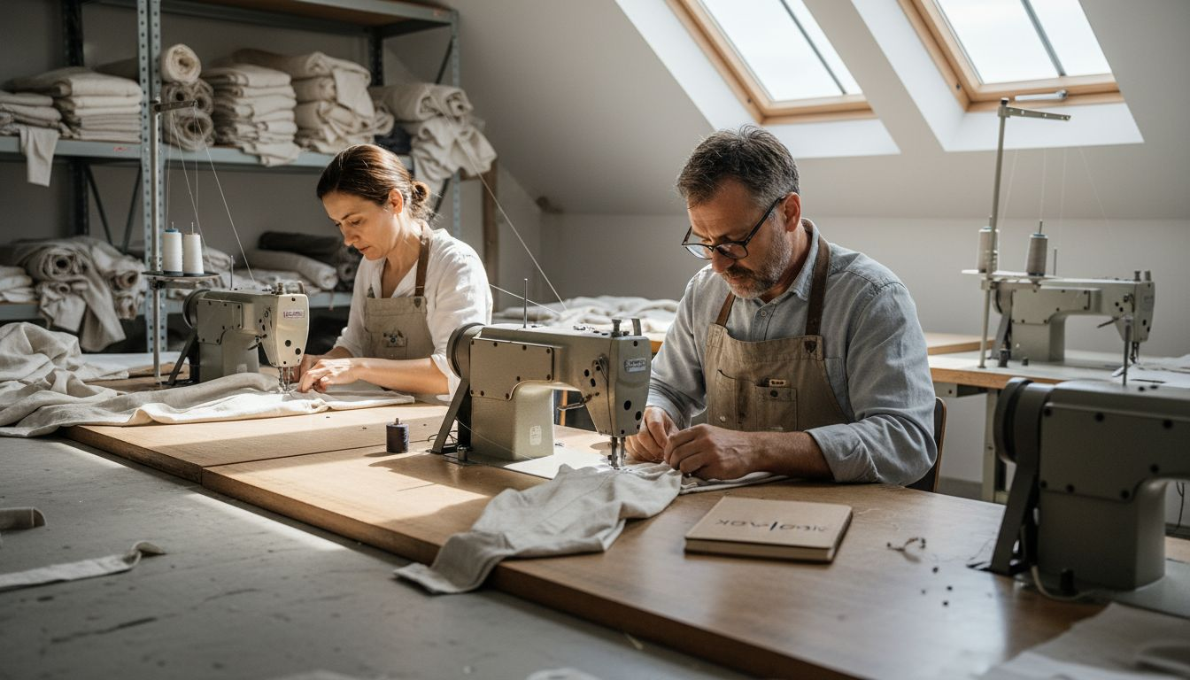 In einer kleinen Schneiderei vor Ort fertigen Textilarbeiter Kleidungsstücke in Handarbeit an.