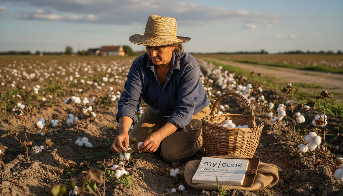 Eine Bäuerin pflückt auf dem Feld von Hand Bio-Baumwolle.