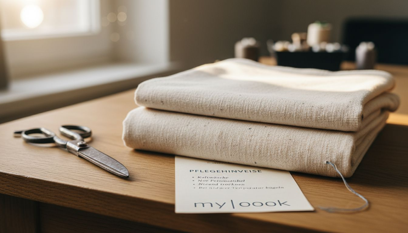 Detailansicht eines Bio-Baumwollstoffs, der auf einem Tisch ausgebreitet liegt.