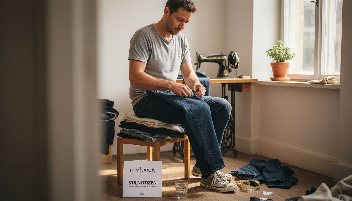 Ein Mann legt nachhaltig produzierte Basics sorgfältig zusammen.