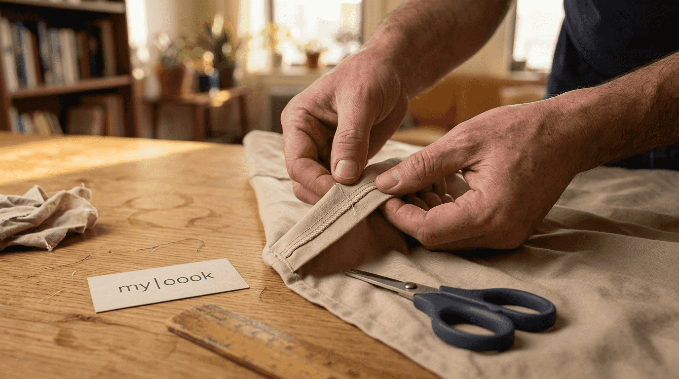 Nahaufnahme: Jemand prüft sorgfältig die Naht eines Hemdes.