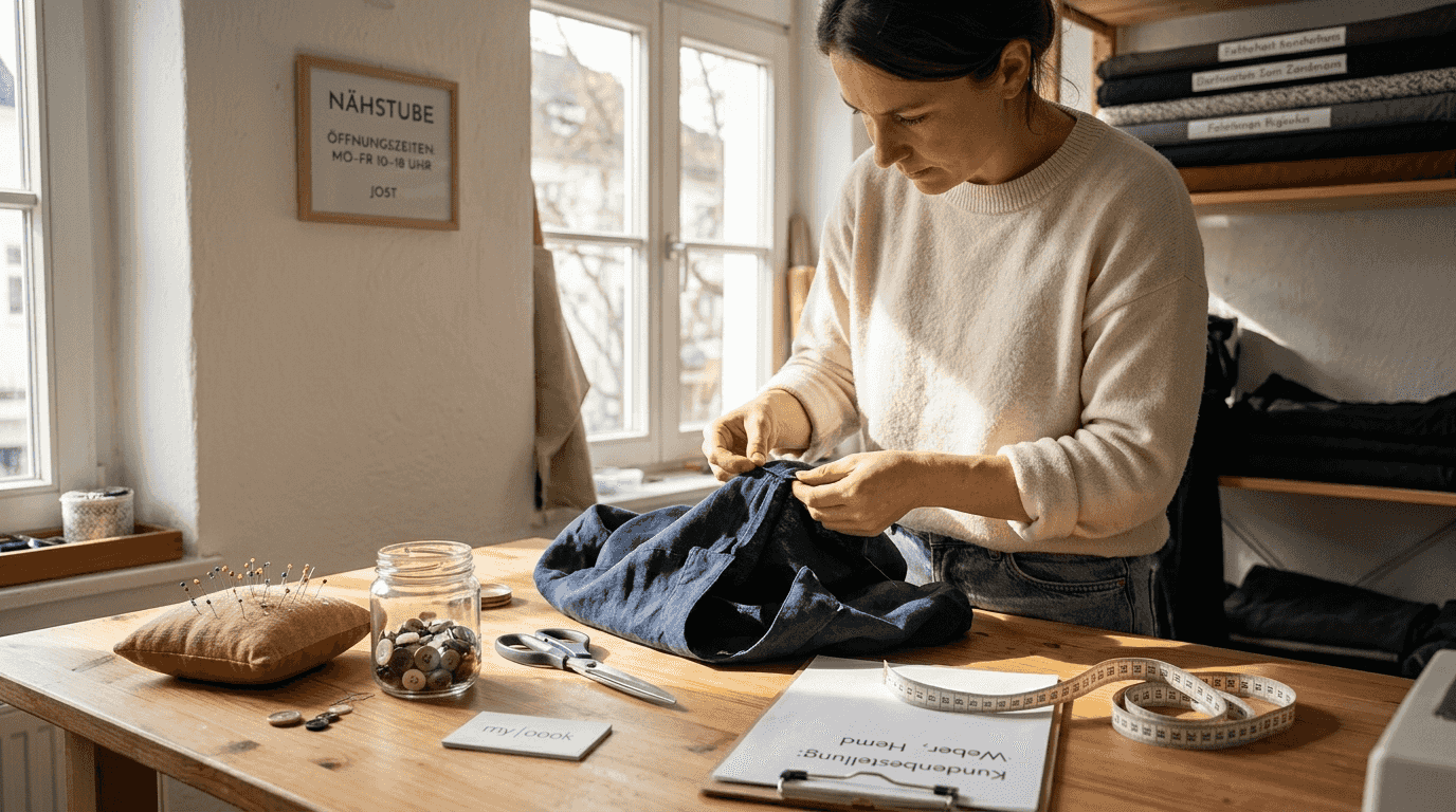 Eine Frau prüft sorgfältig die Qualität eines Leinenhemdes in ihrem Atelier.