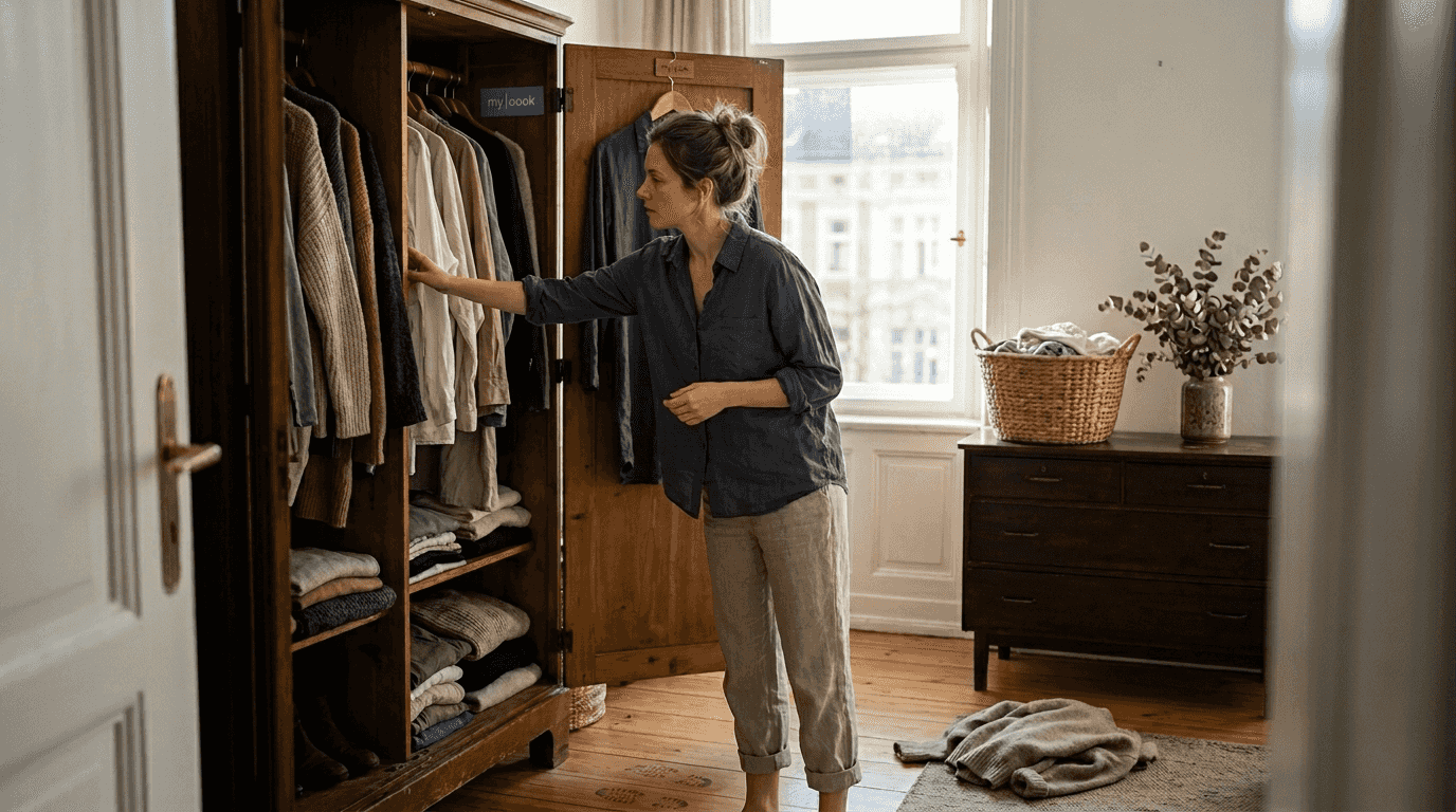 Eine Frau entscheidet sich vor ihrem offenen Kleiderschrank bewusst für umweltfreundliche Mode.