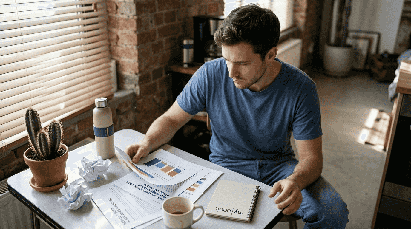 Ein junger Mann informiert sich über den CO₂-Ausstoß in der Modebranche.