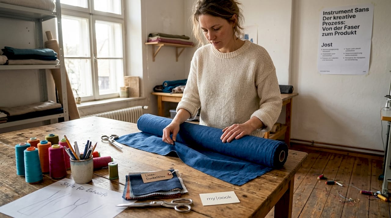 In einem lichtdurchfluteten Atelier begutachtet eine Frau aufmerksam verschiedene Stoffe.