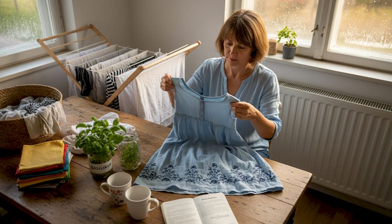 Eine Frau kümmert sich in ihrer Küche liebevoll um ihre Wäsche.