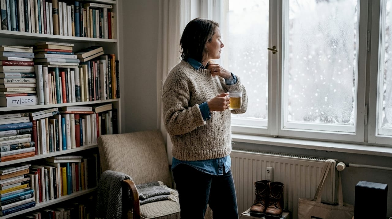Eine Frau zieht sich am Fenster einen warmen Strickpullover über.