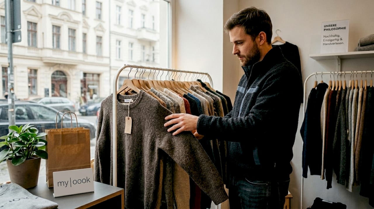 Ein Mann stöbert in einer Boutique und begutachtet verschiedene Strickpullover.