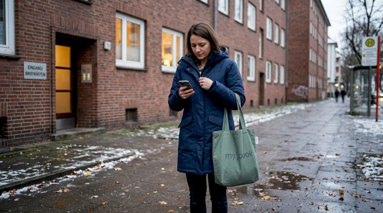 Eine Frau trägt eine nachhaltige Winterjacke und spaziert durch die nassen Straßen der Stadt.