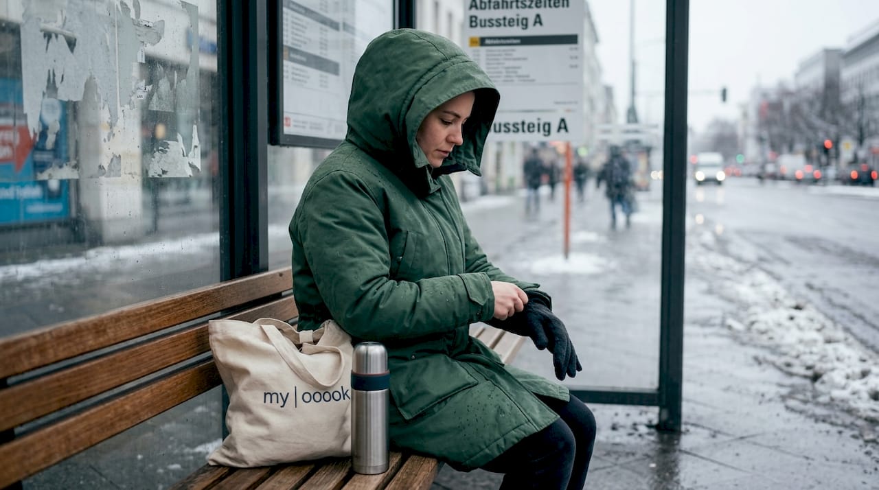 Eine Frau sitzt in ihrem grünen Parka an der Bushaltestelle in der Stadt.