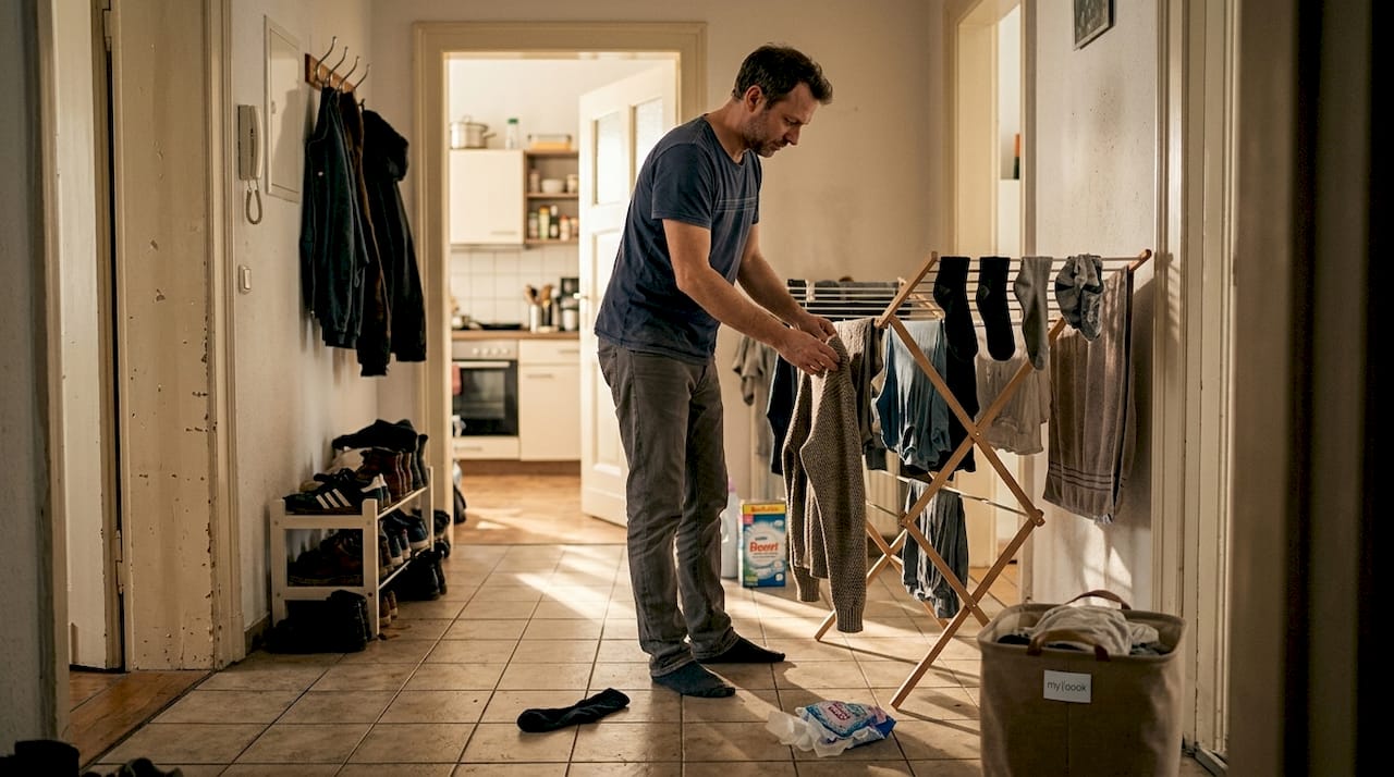 Im Flur hängt ein Mann seine frisch gewaschene Kleidung zum Trocknen auf den Wäscheständer.