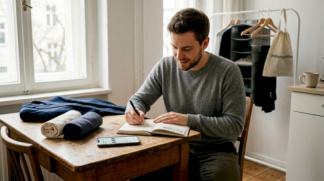 Am Küchentisch stellt ein Mann seine vielseitige Capsule Wardrobe zusammen.