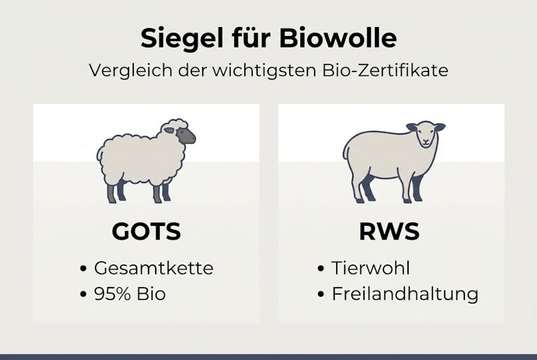 Infografik: Gegenüberstellung der GOTS- und RWS-Zertifizierungen