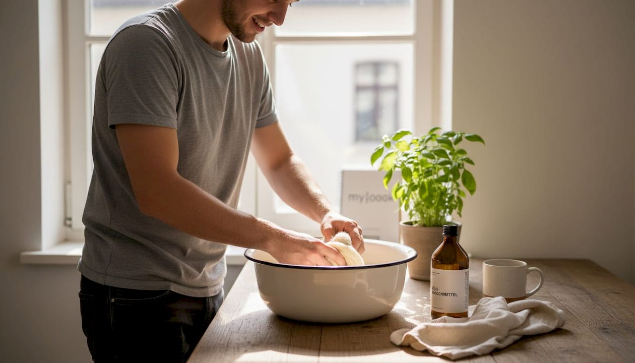 Ein Mann wäscht einen umweltfreundlichen Pullover per Hand in seiner Küche.