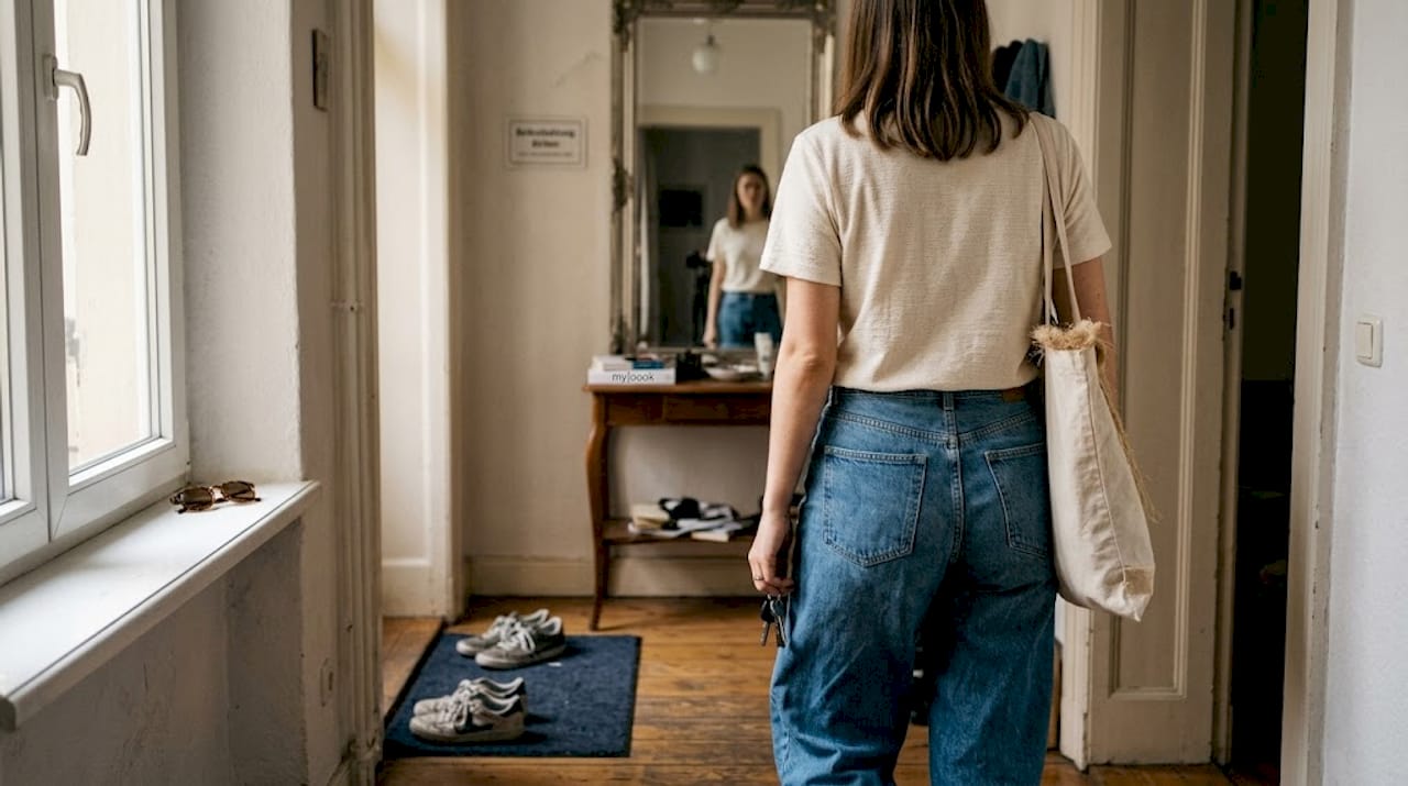 Eine junge Frau verlässt ihre Wohnung, gekleidet in nachhaltige Fairtrade-Mode.