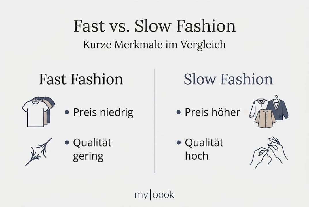 Infografik veranschaulicht die Unterschiede zwischen Fast Fashion und Slow Fashion