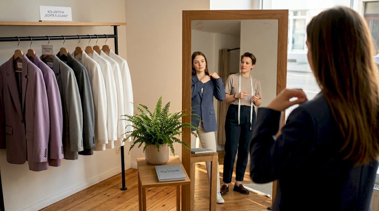 Eine Frau probiert in einer Boutique einen maßgeschneiderten Blazer an.