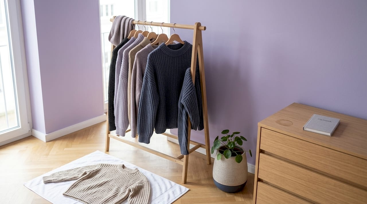 Meine Wollpullover lasse ich am liebsten auf einem Holzständer direkt am Fenster trocknen.