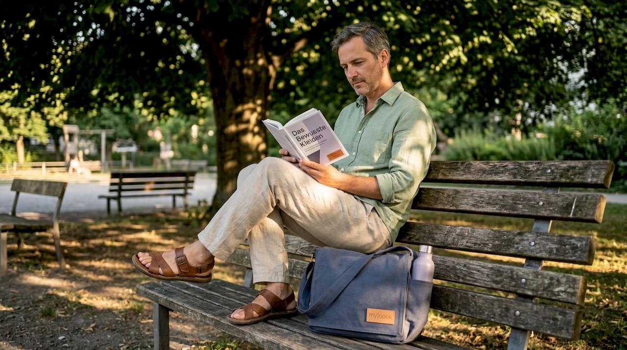 Ein Mann sitzt auf einer Parkbank, elegant gekleidet mit klassischer Tasche und passendem Gürtel.