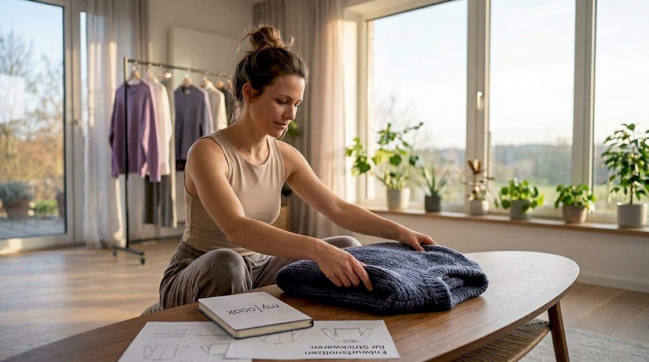 Im Wohnzimmer sortiert eine Frau ihre nachhaltig produzierte Kleidung und legt sie ordentlich zusammen.