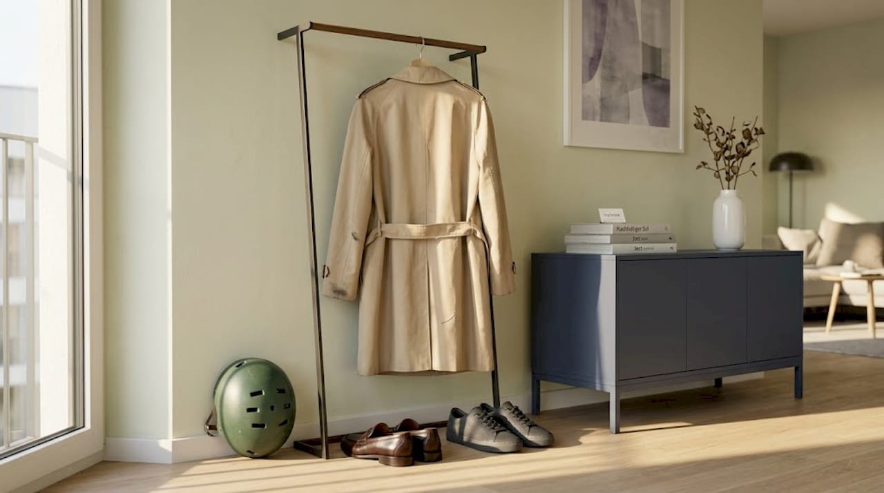 An der Garderobe hängt ein beiger Mantel, der bereits deutliche Gebrauchsspuren aufweist.